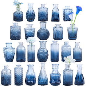 TBWIND blue glass bud vase set with etched patterns for elegant centerpieces.