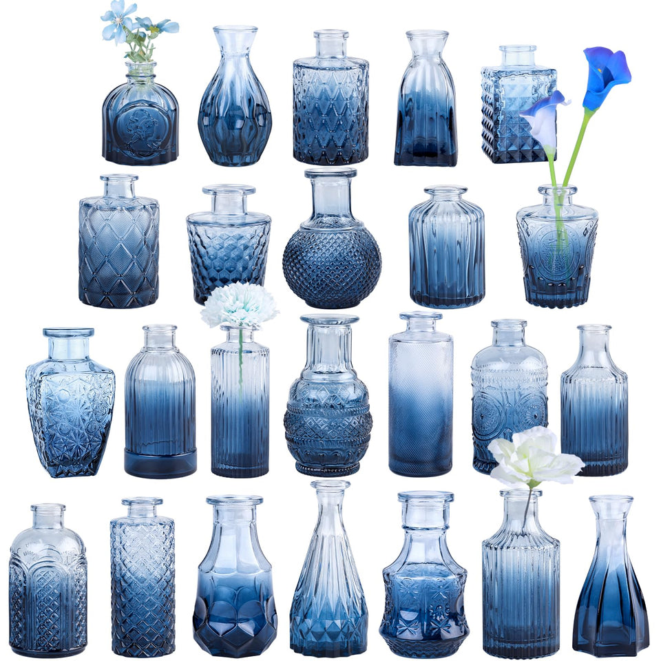 TBWIND blue glass bud vase set with etched patterns for elegant centerpieces.
