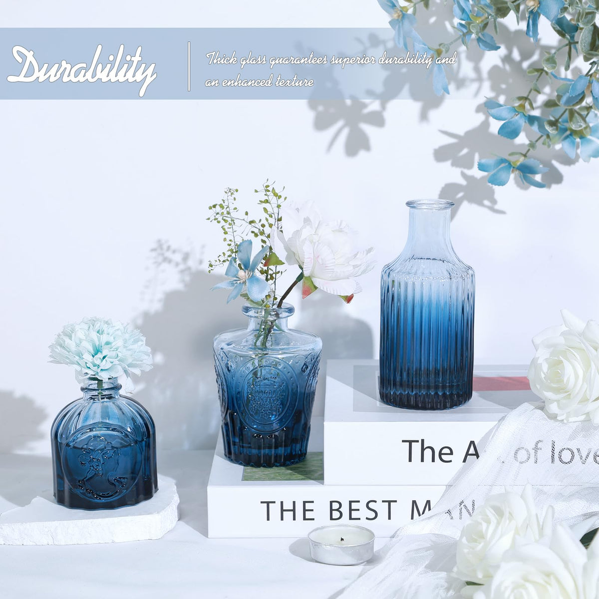 TBWIND blue glass bud vases offer versatile gift ideas for events.