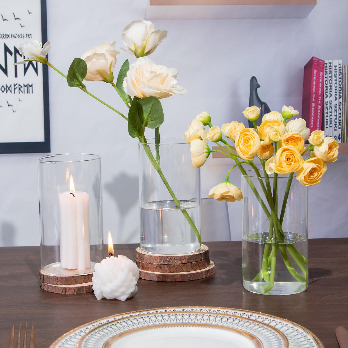 TBWIND dining table centerpiece setup with clear vases for chic dinners