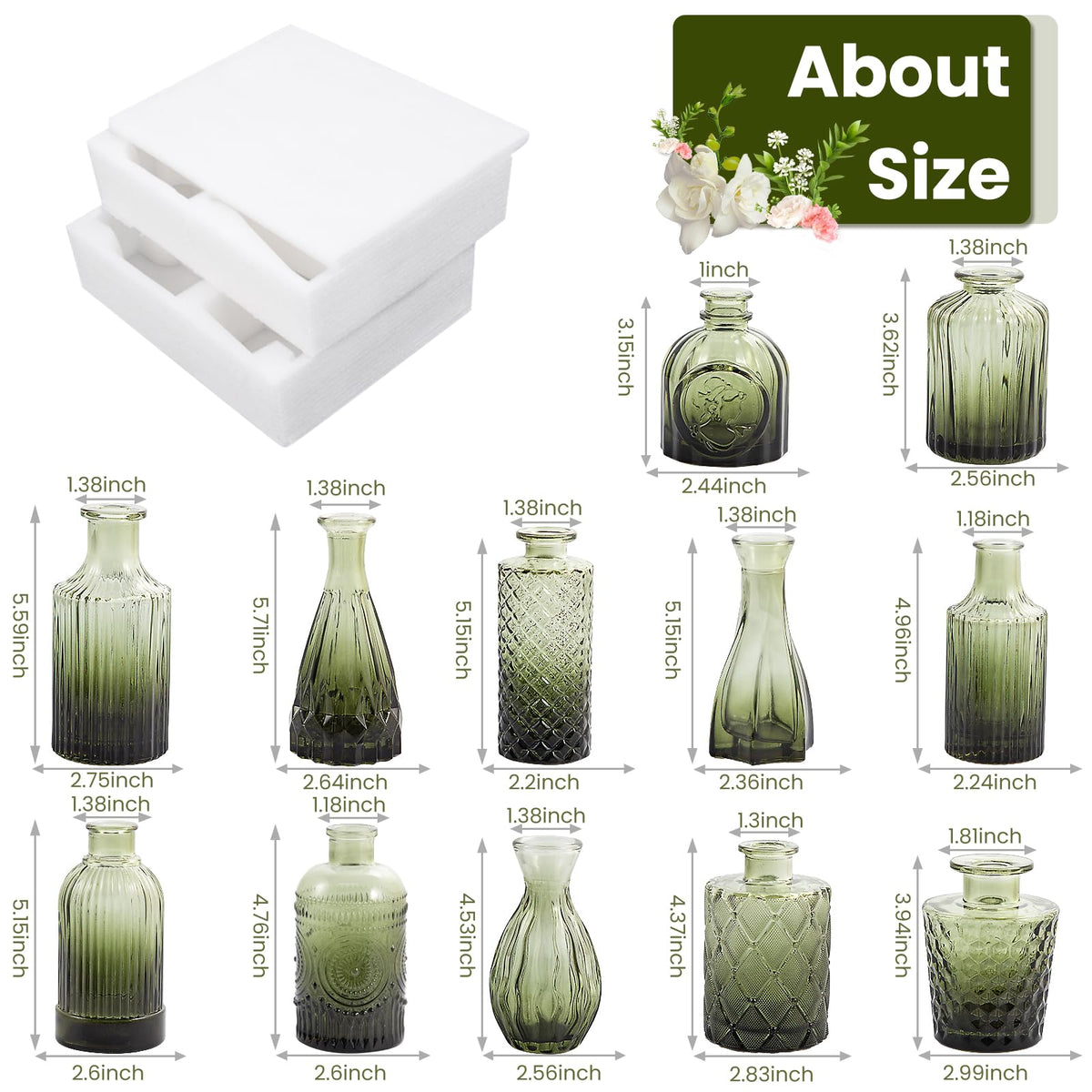 TBWIND etched-pattern green glass vase with light reflections