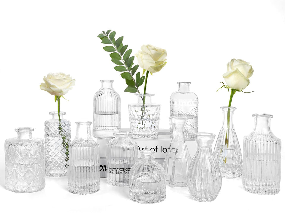 TBWIND glass bud vase set of 12 with etched patterns for elegant centerpieces.