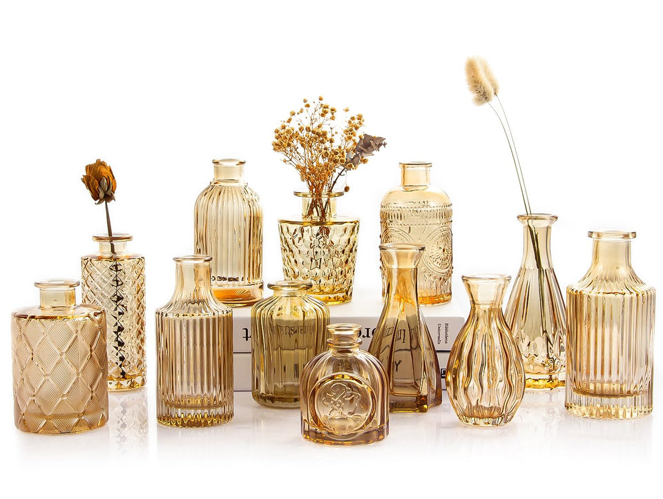 TBWIND gold amber glass bud vase with etched patterns for elegant centerpieces.