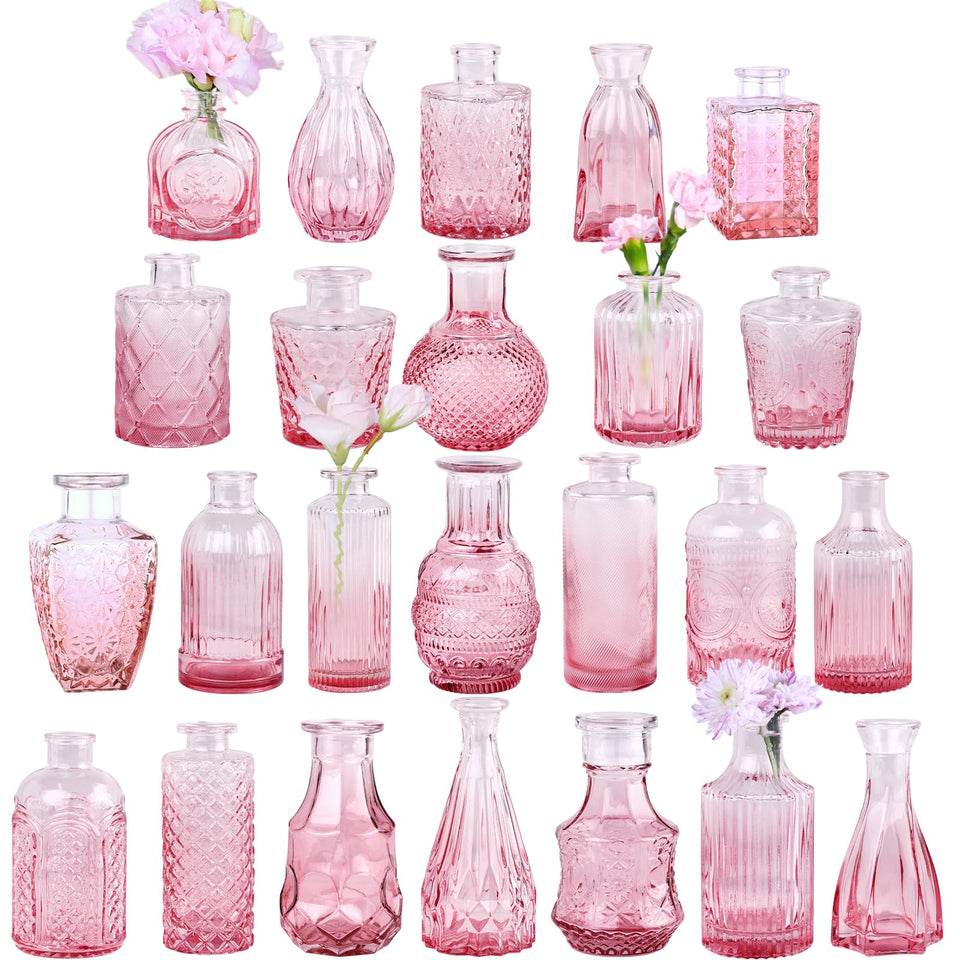 TBWIND pink glass bud vase set of 24 with vintage charm for wedding centerpieces.