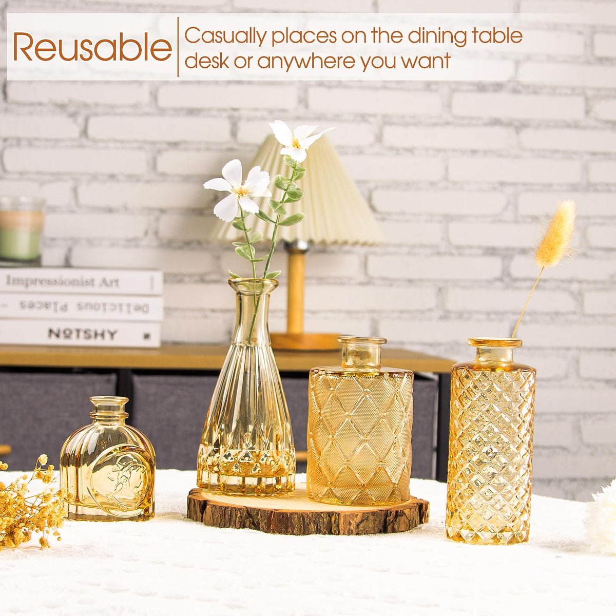 TBWIND textured amber glass vase catches light for a shimmering effect.