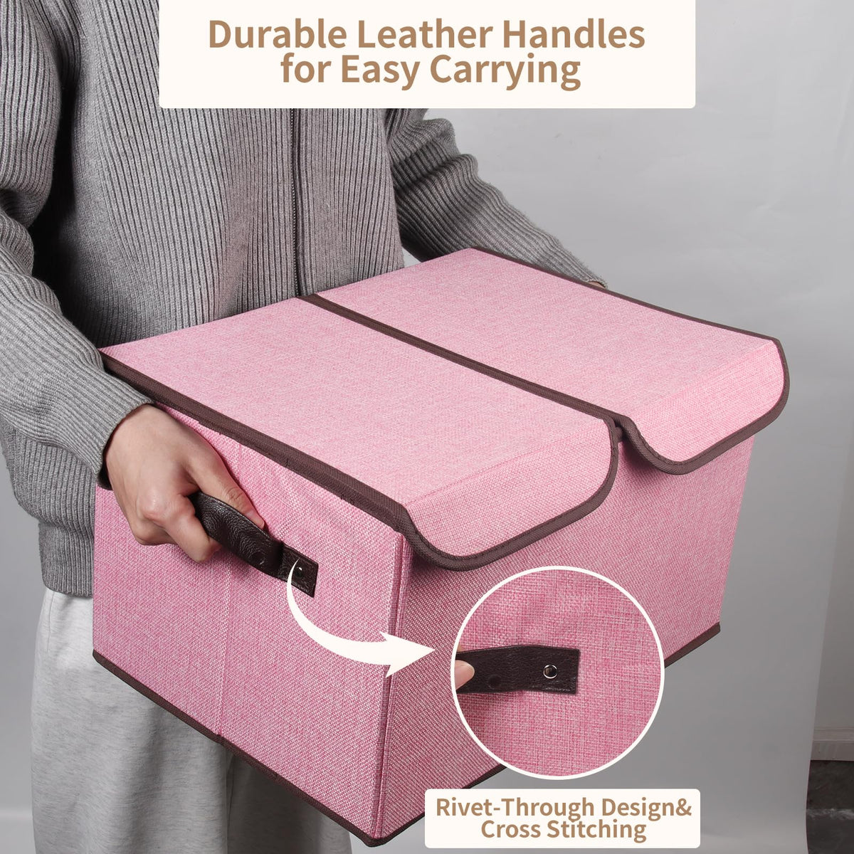Tcbelosion sturdy storage box with double leather handles for easy carrying.