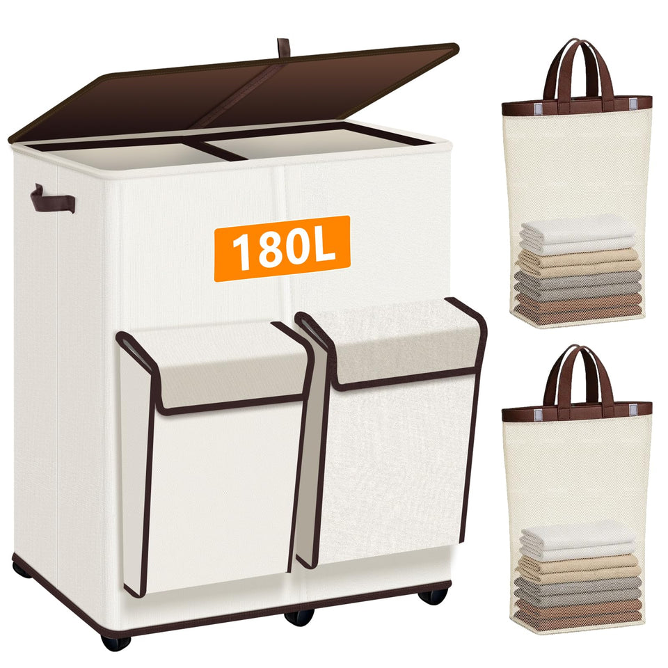 TDMCKRSHWAY 180L dual laundry hamper with lid and wheels for easy sorting.