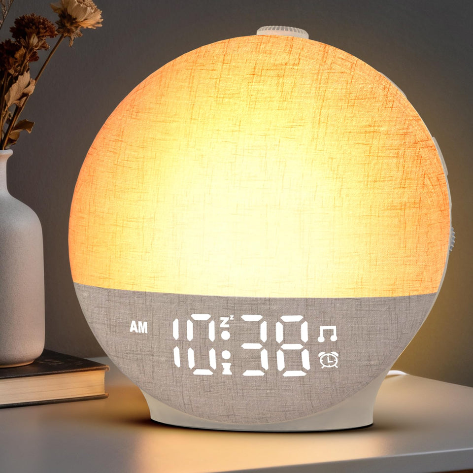 Te-Rich Sunrise Alarm Clock front view with sunrise glow for gentle wake