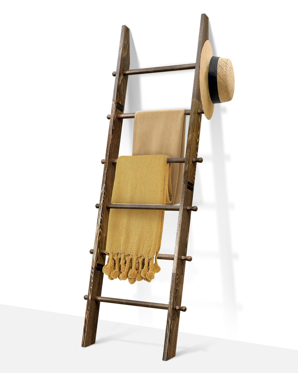 TEAKMAMA 6-tier blanket ladder leaning against wall for cozy organization