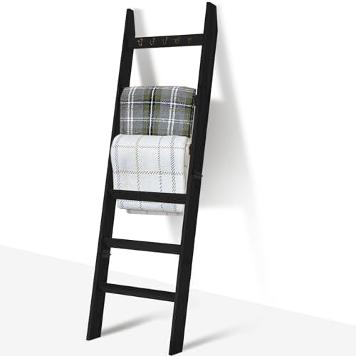 TEAKMAMA blanket ladder 6-tier standing against wall for organized throws and quilts