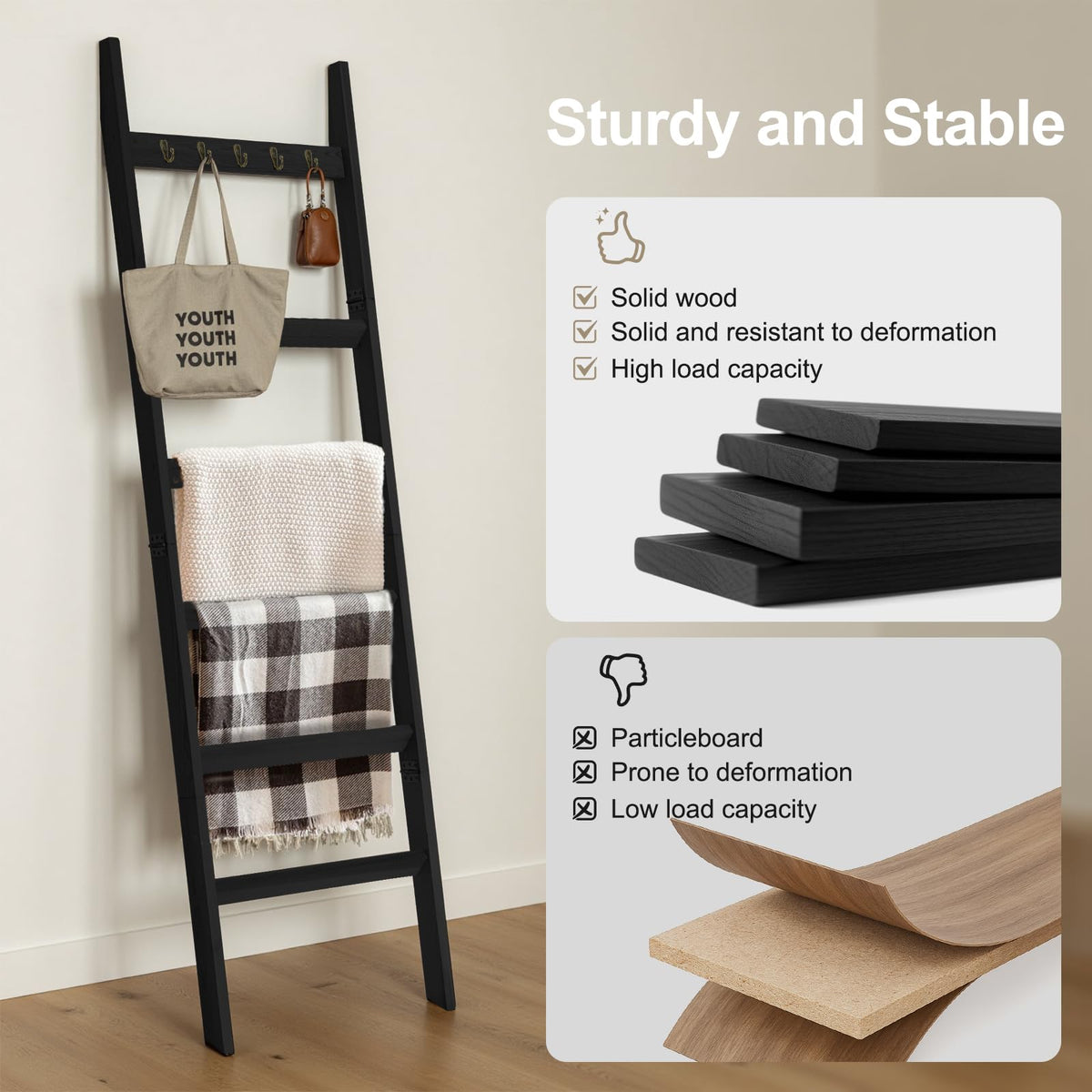 TEAKMAMA solid-pine-wood ladder blends sturdy support with sleek, natural aesthetics