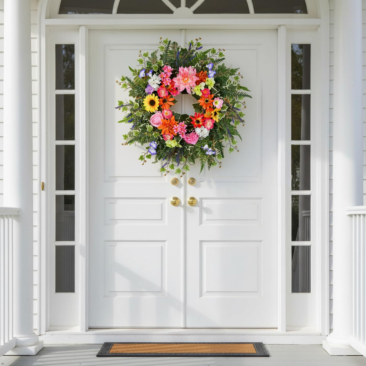 TechKen wreath featuring peony, rose and sunflower accents for outdoor display