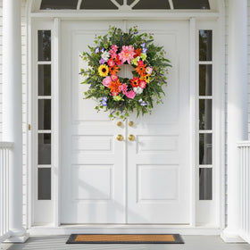 TechKen wreath featuring peony, rose and sunflower accents for outdoor display