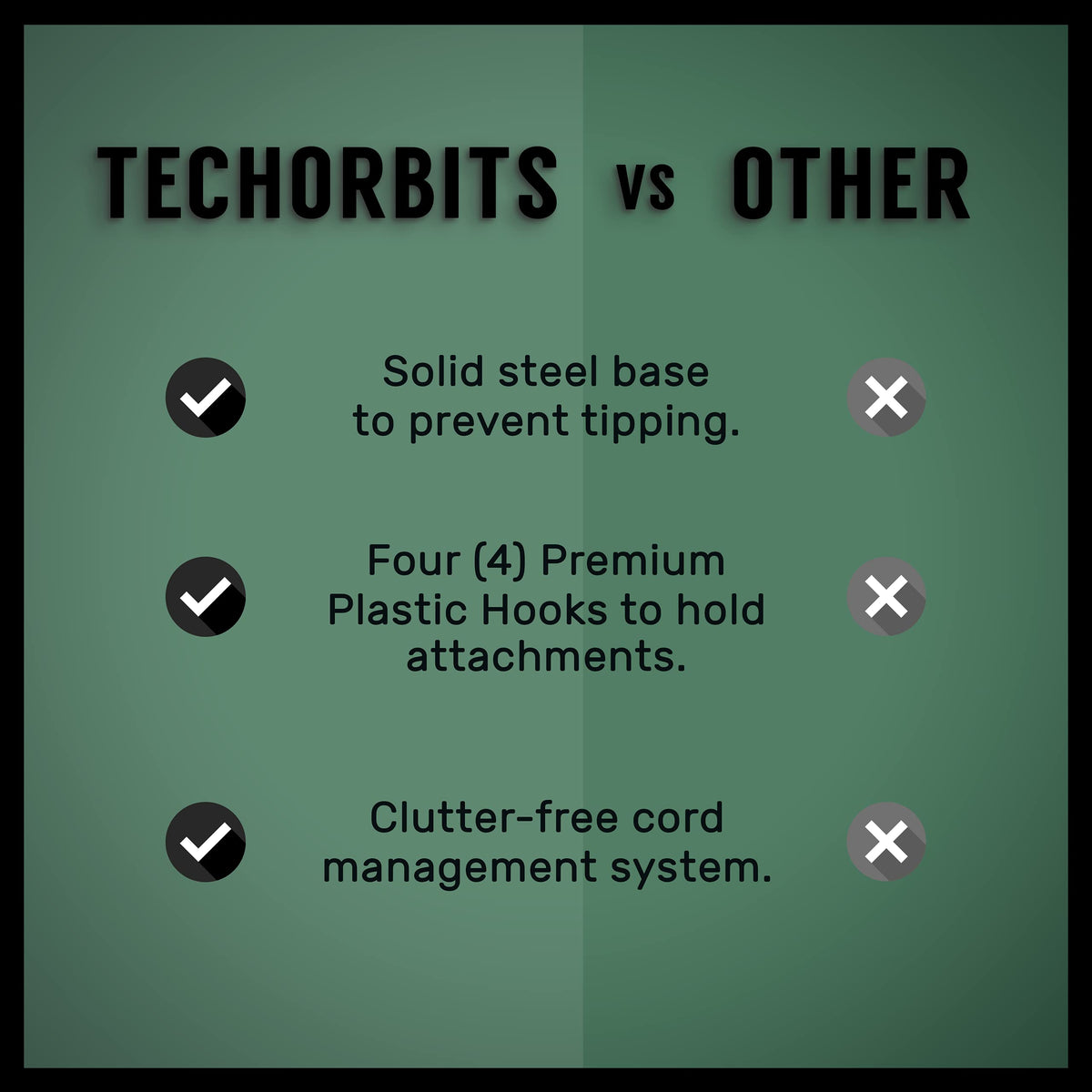 TechOrbits organization station stores four attachments for fast tool access.