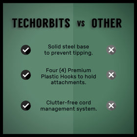 TechOrbits organization station stores four attachments for fast tool access.