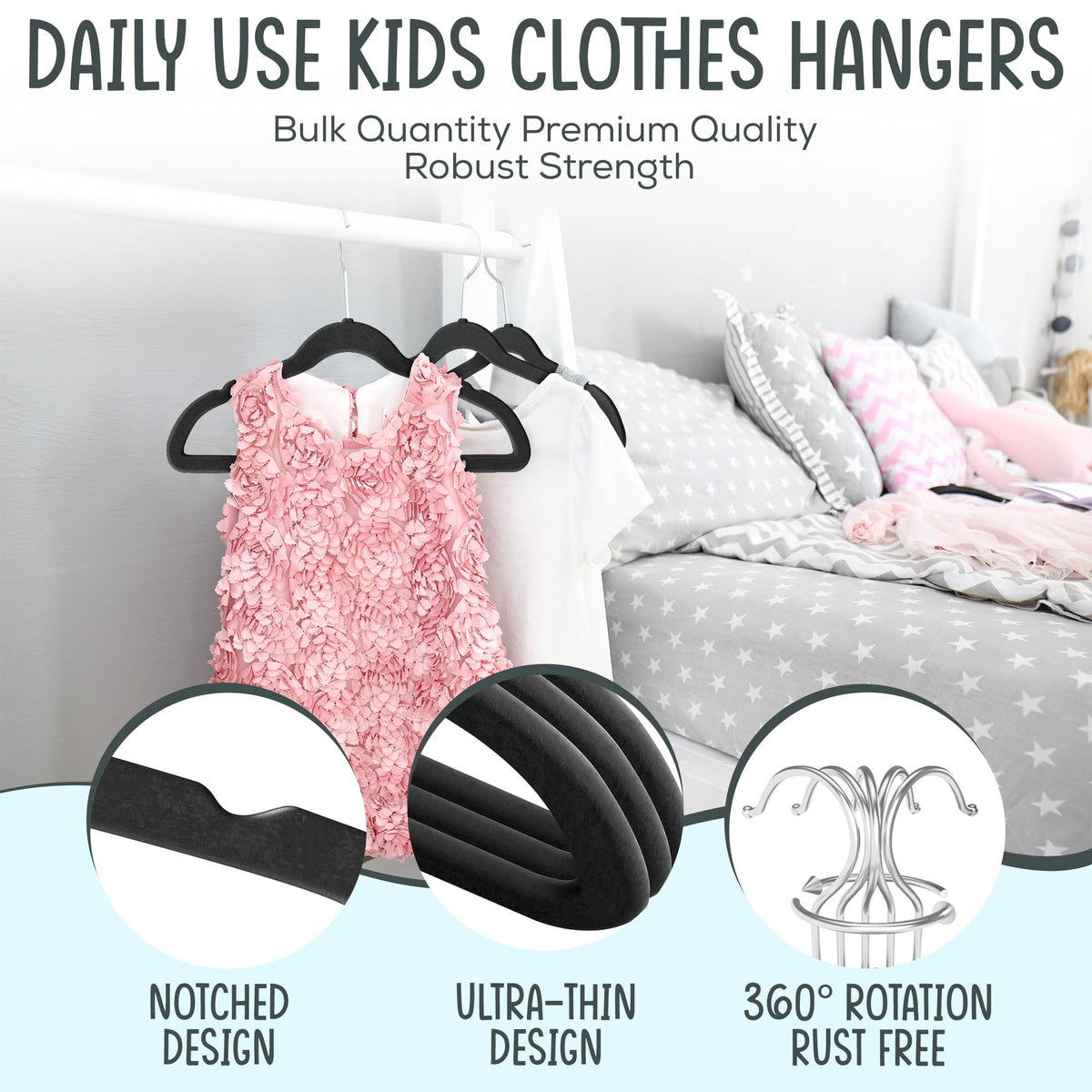 TechZoo 360° swivel hook hanger keeps outfits accessible from any closet angle.