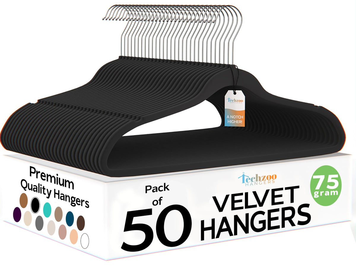 TechZoo velvet hangers ultra-thin design shown for maximum closet space and strong support.