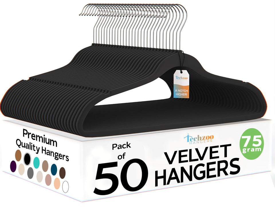 TechZoo velvet hangers ultra-thin design shown for maximum closet space and strong support.