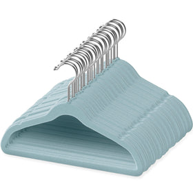 TechZoo blue velvet baby hangers in a 50-pack, neatly organizing tiny garments