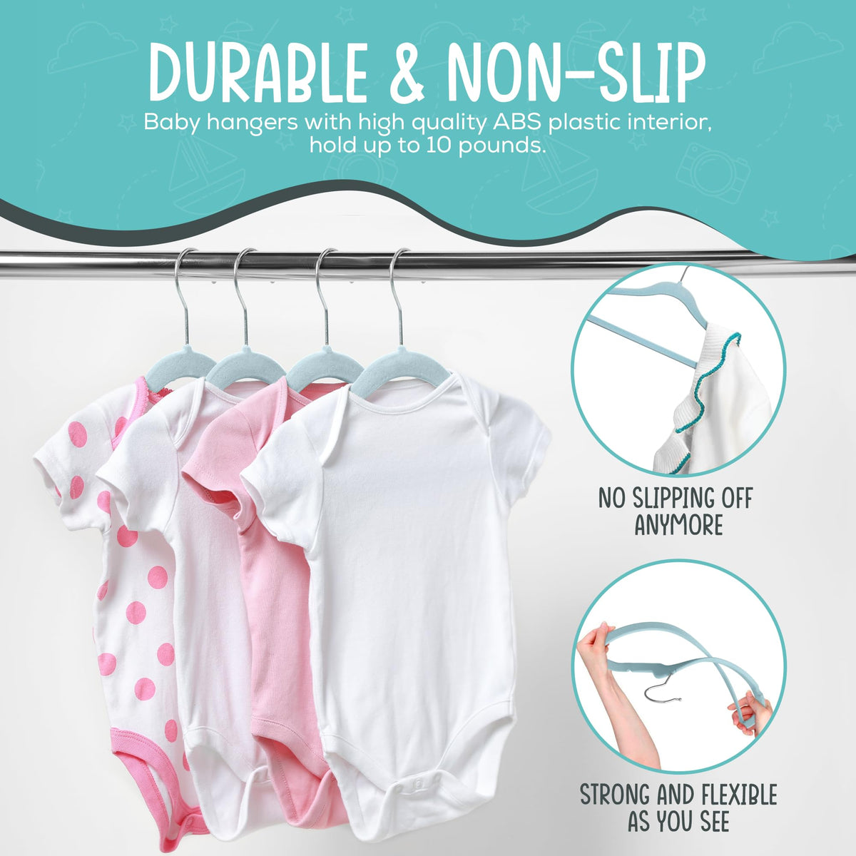 TechZoo durable ABS-core inside blue velvet baby hangers for daily use