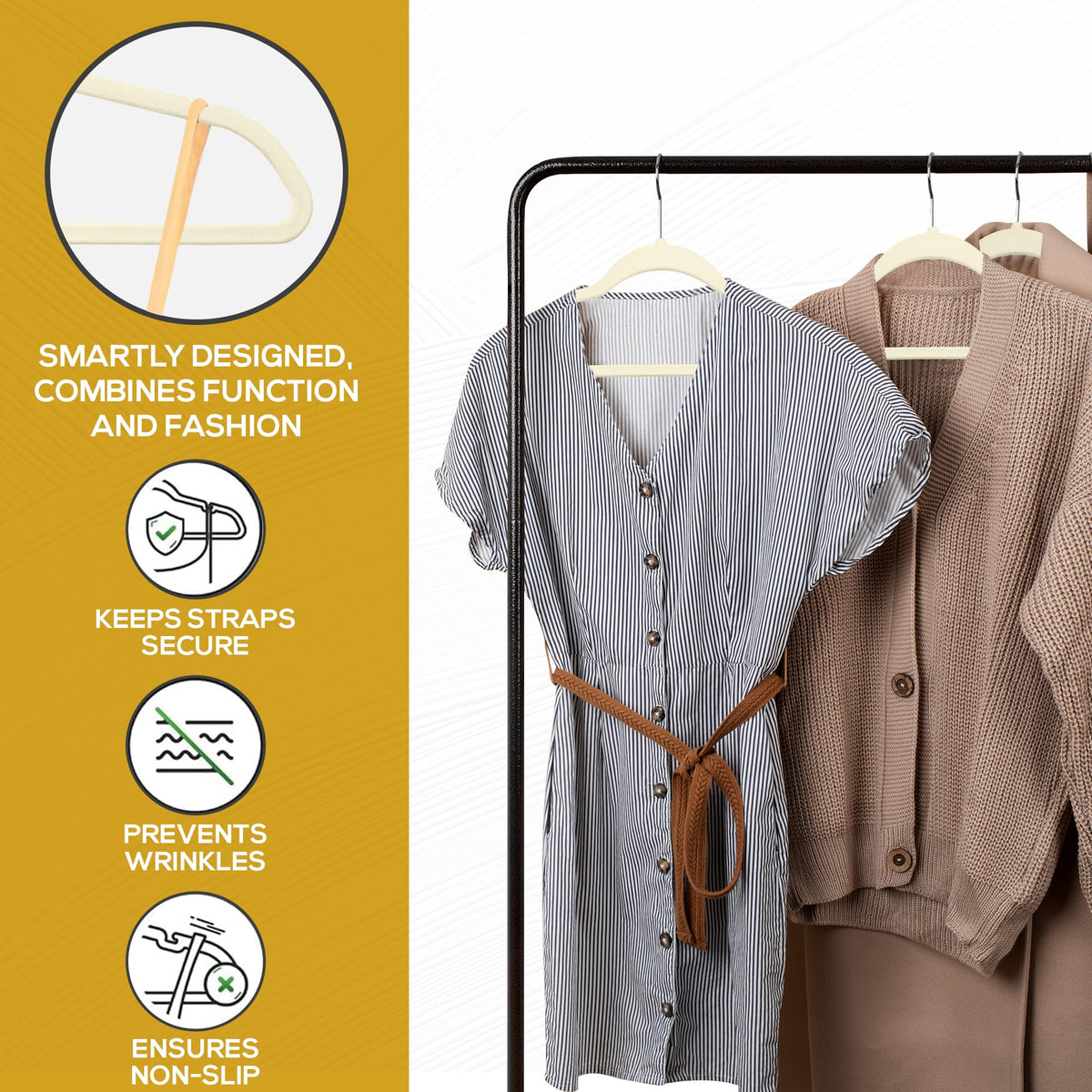Heavy-duty velvet hangers support garments up to 10 pounds.