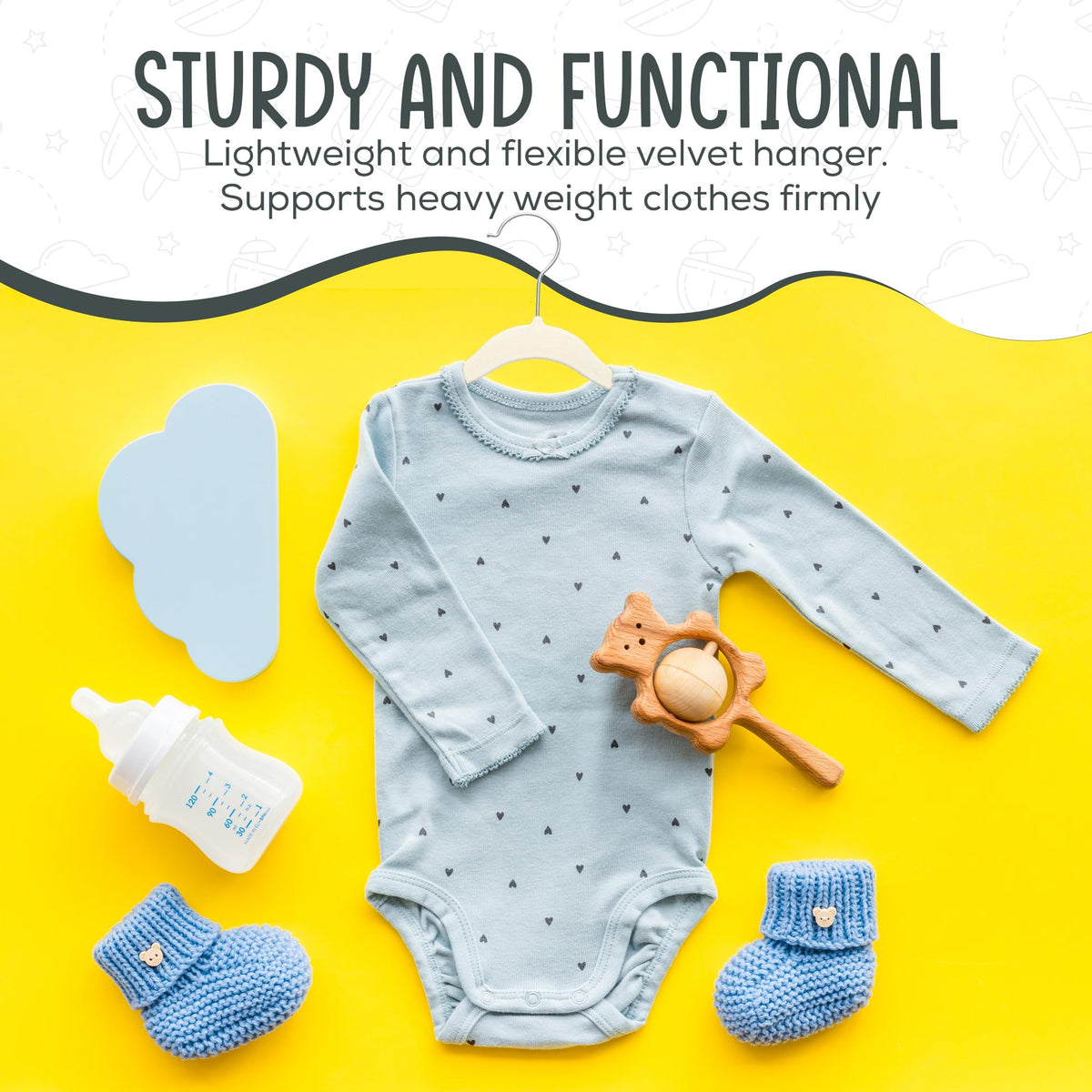 TechZoo ivory finish hangers add a tidy look to nursery wardrobes.