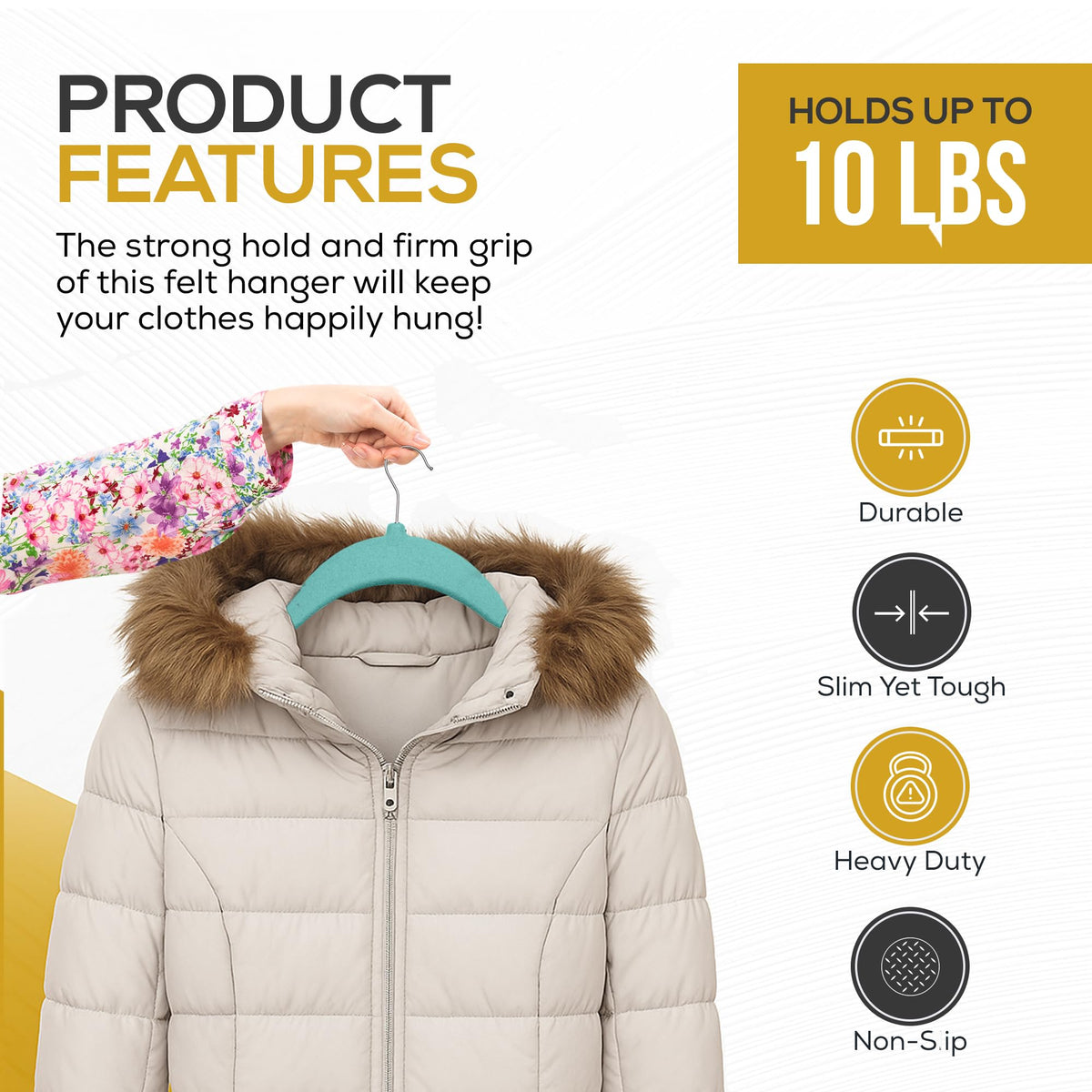 TechZoo non-slip velvet grip keeps clothes securely on the hanger.