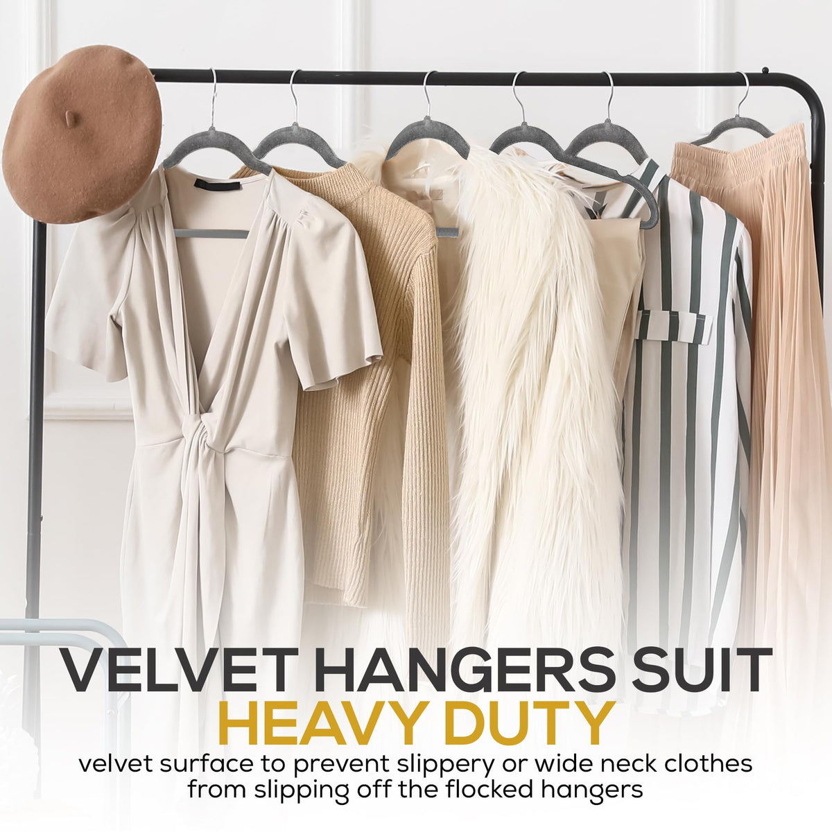 TechZoo gray velvet hangers complement neutral closets for a clean look.