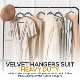 TechZoo gray velvet hangers complement neutral closets for a clean look.
