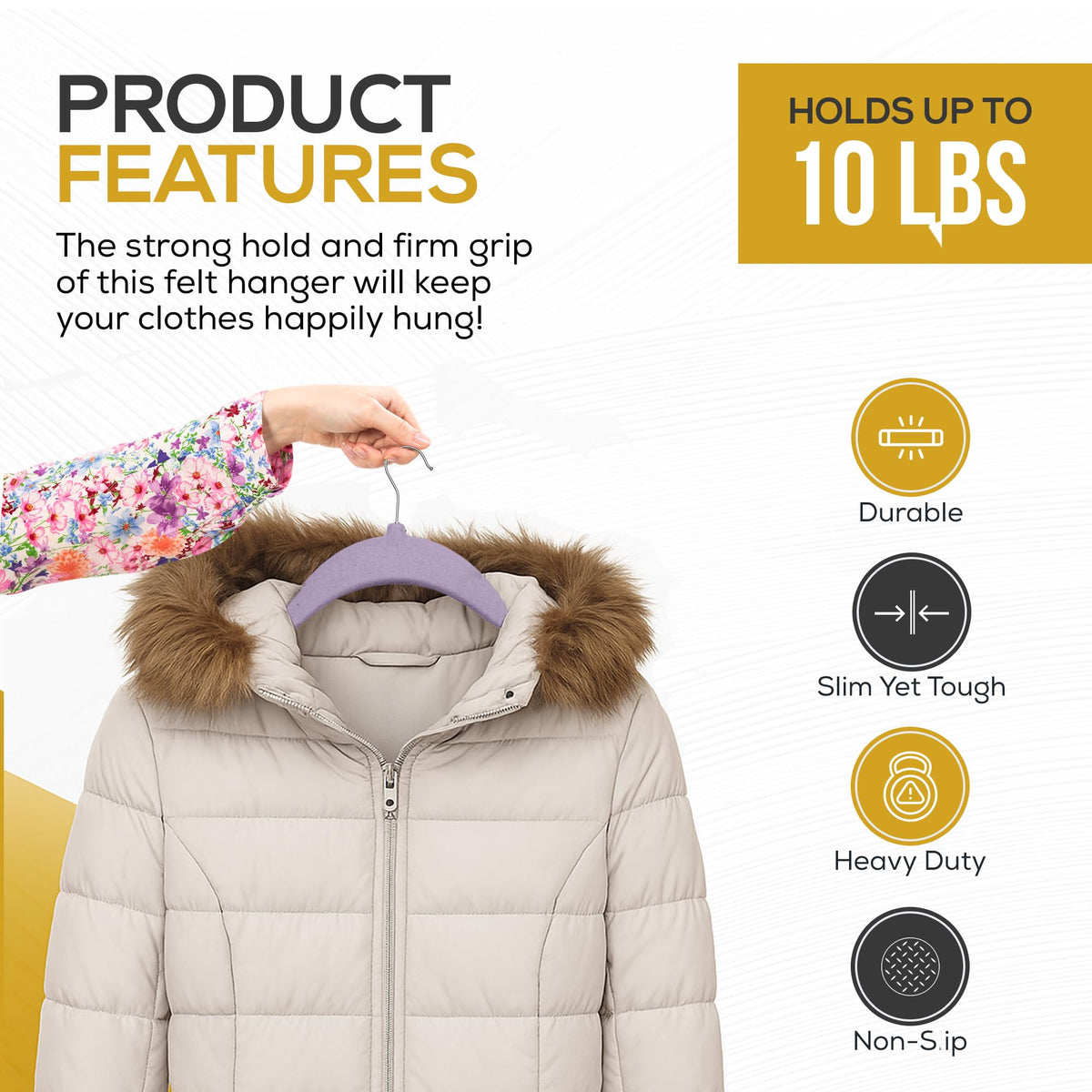 Non-slip velvet texture prevents slipping and wrinkling of clothes on TechZoo hangers.