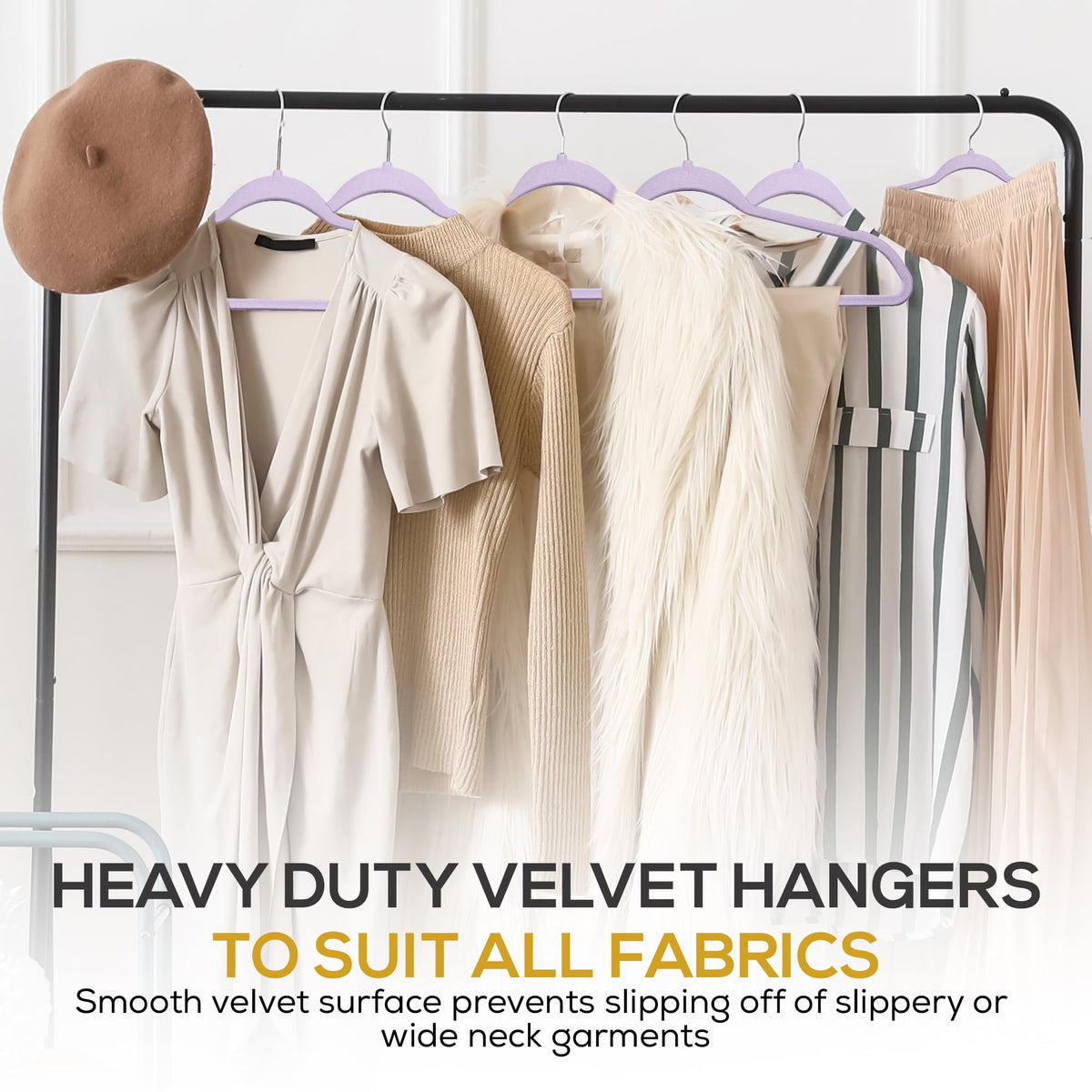 50-pack TechZoo velvet hangers in a stylish purple finish for closets.