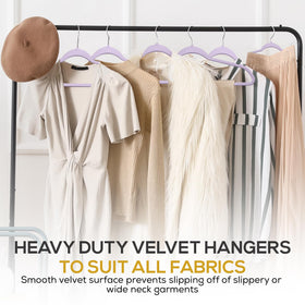 50-pack TechZoo velvet hangers in a stylish purple finish for closets.