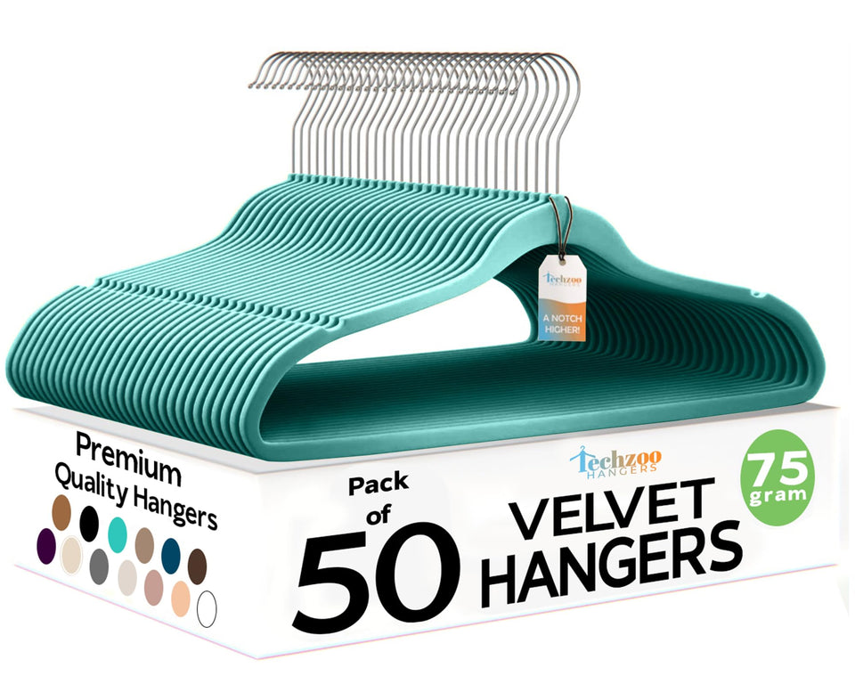 TechZoo velvet hangers 50-pack front view shows space-saving organization.