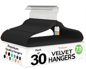 TechZoo velvet hangers showcase space-saving ultra-thin design for organized closets.