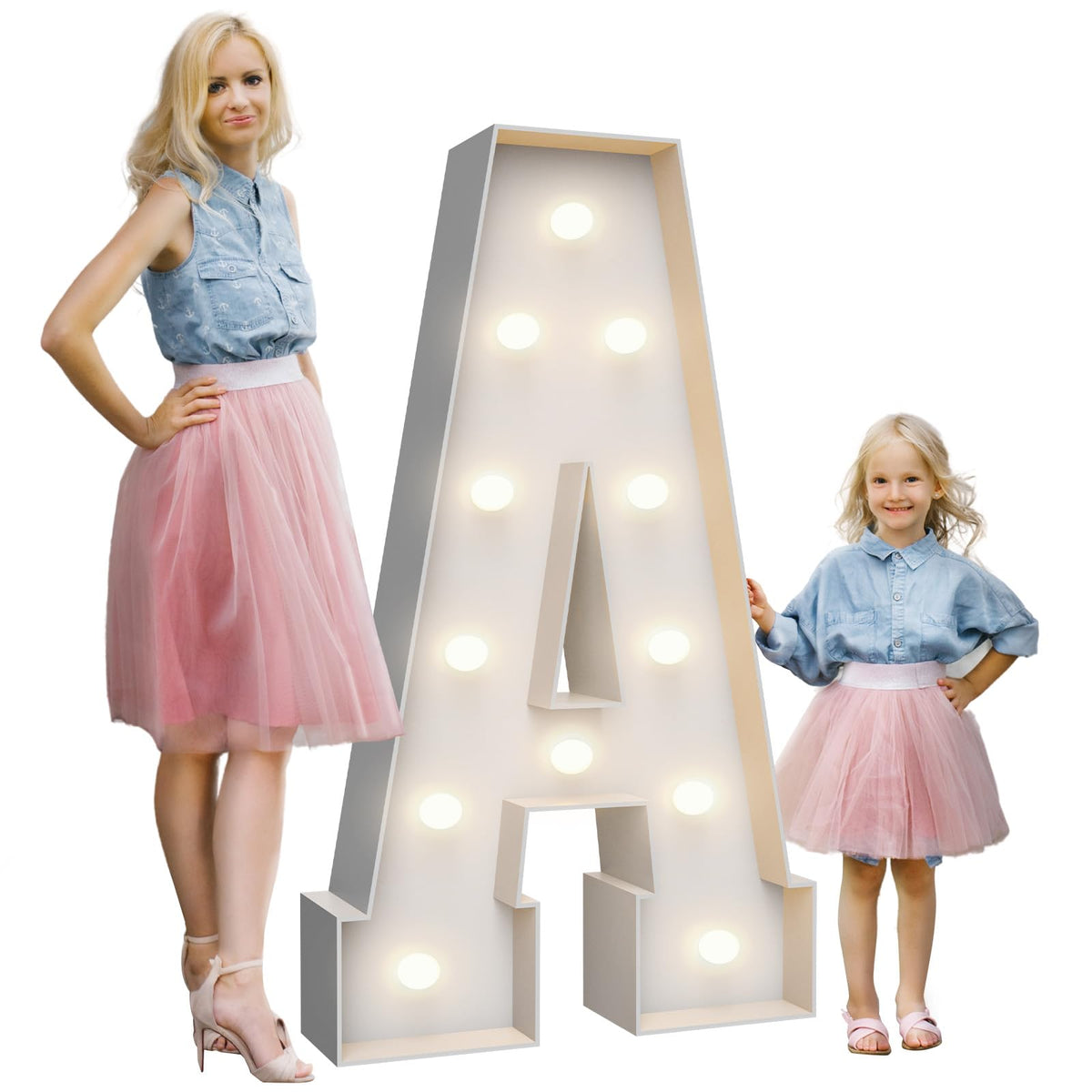 Teebloom 4ft marquee letter A lit from the front view for dramatic party signage.
