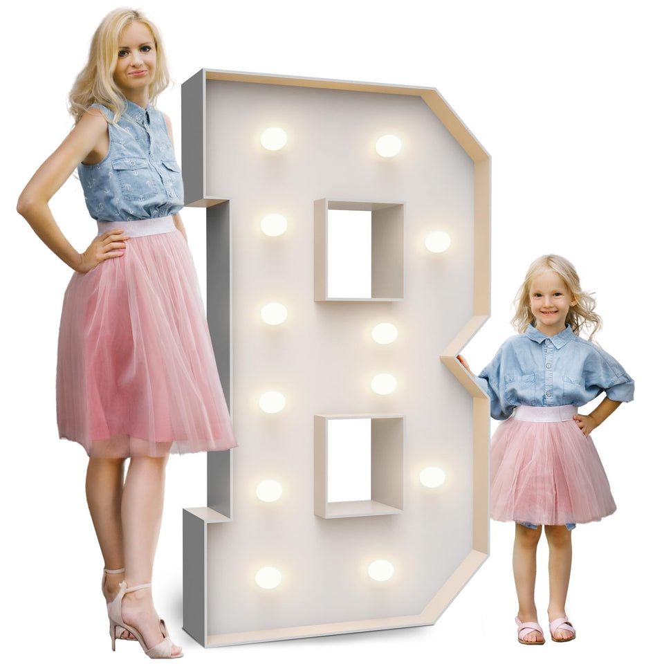 Teebloom 4ft marquee letter B lit up for weddings and parties.
