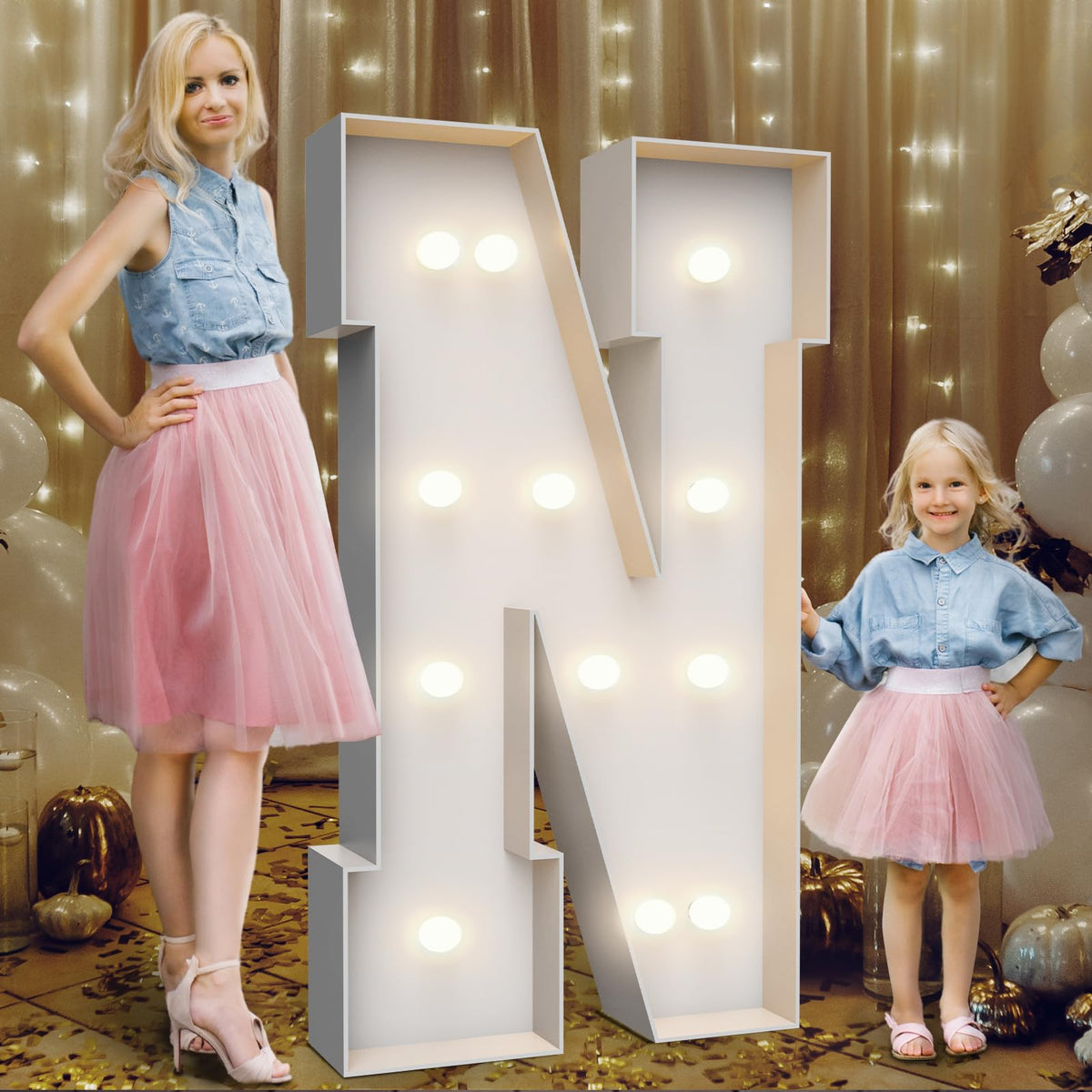 Teebloom 4ft marquee N illuminated, front view, ideal for festive celebrations.