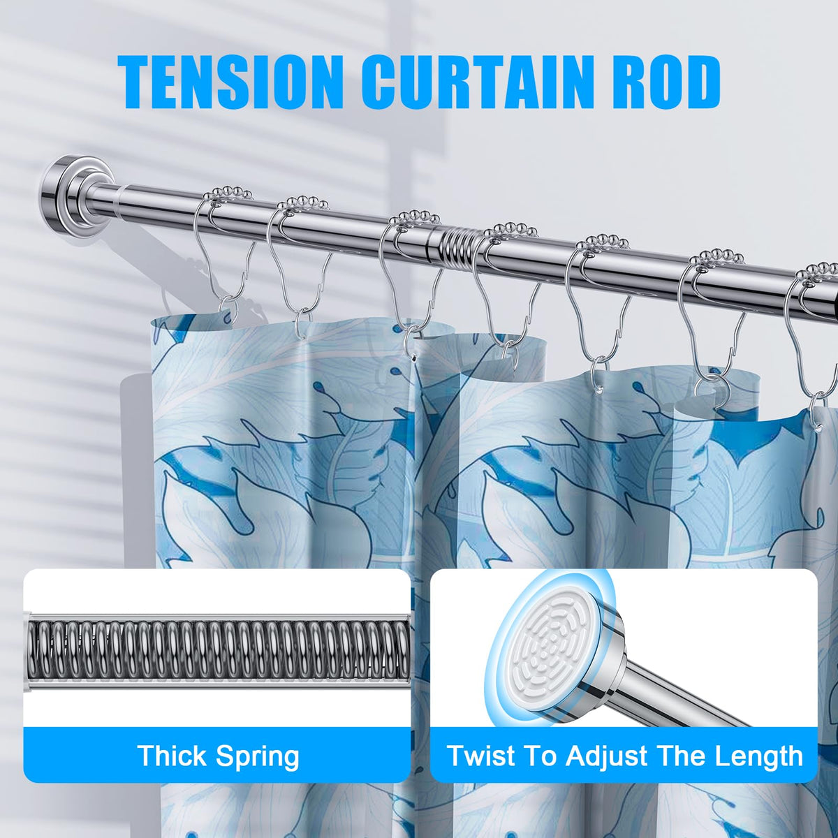 TEECK shower curtain rod with spring tension for secure, wobble-free support.