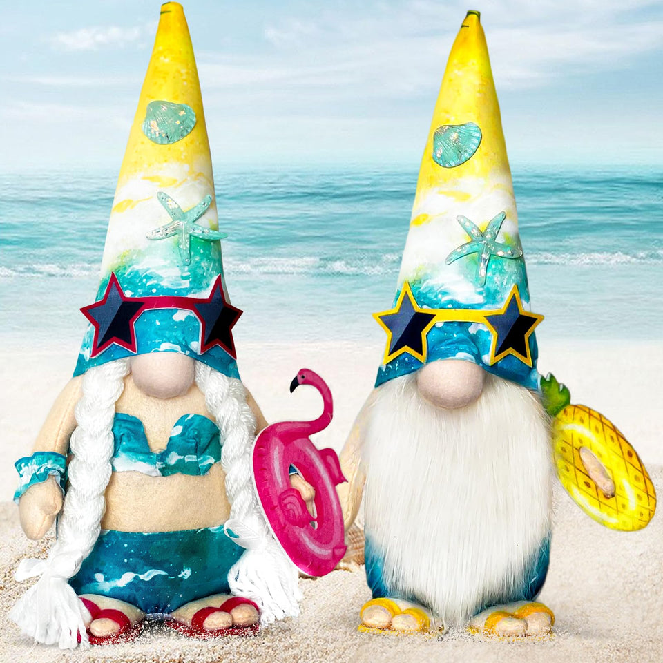 Teeker beach gnome plush in bikini, front view to brighten the desk.