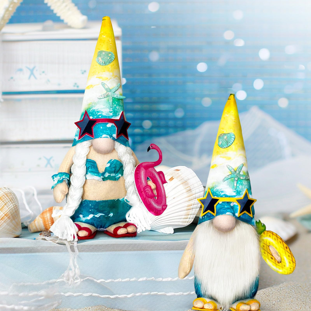 Teeker beach gnome on mantle display, charming office-friendly centerpiece.