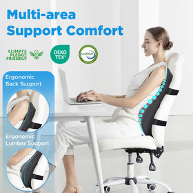 Long upper back support design covers mid and upper back areas.