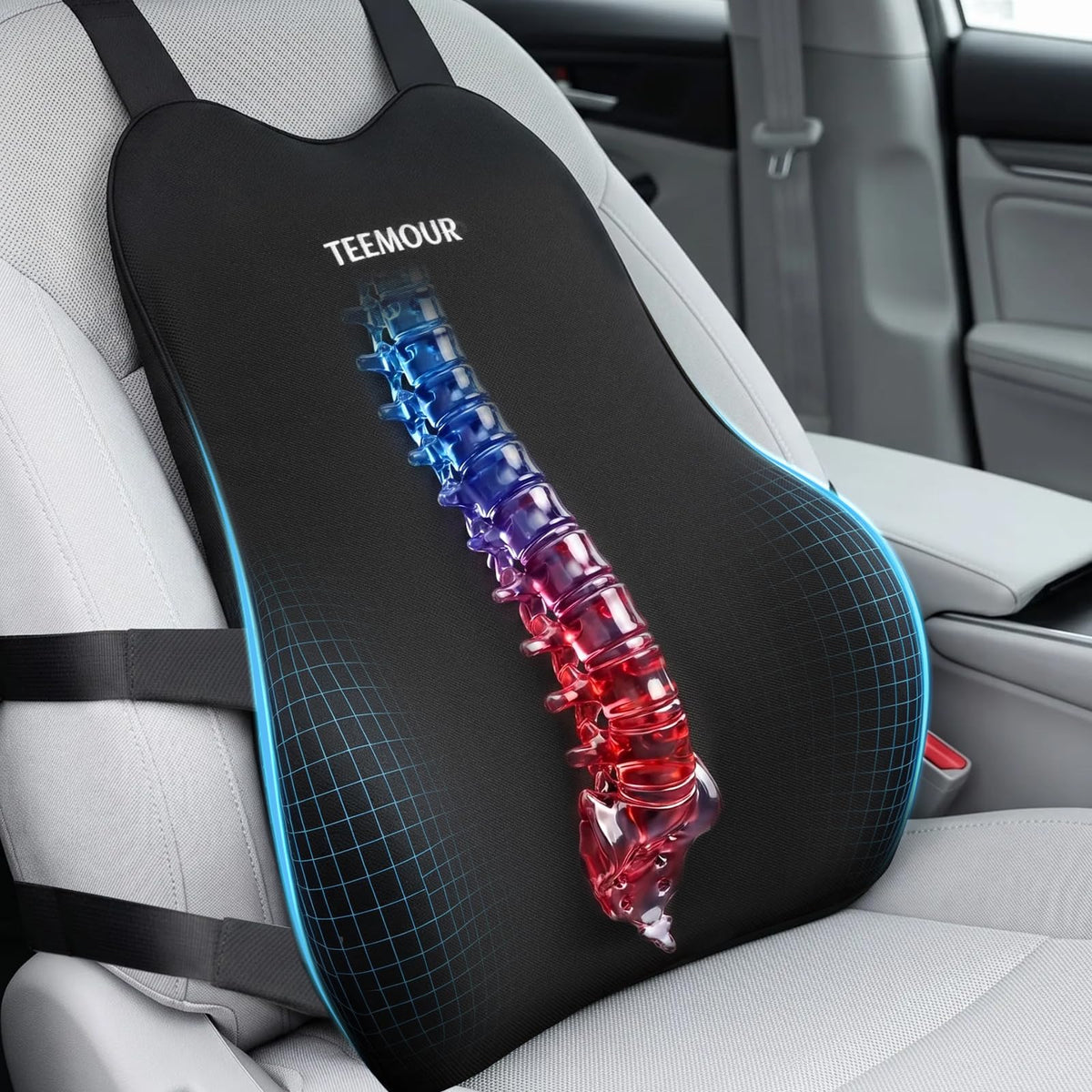 Teemour lumbar pillow with memory foam core supports posture on long drives.