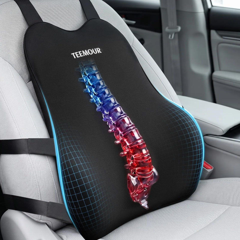 Teemour lumbar pillow with memory foam core supports posture on long drives.