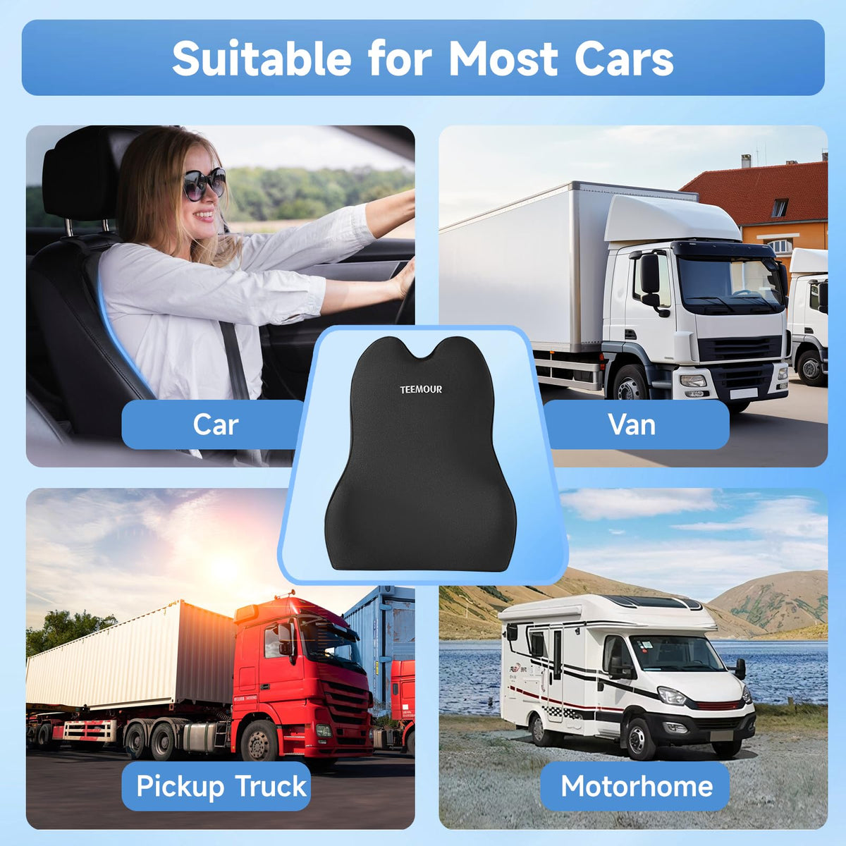 Teemour truck ride with lumbar pillow enhances seating comfort on long hauls.