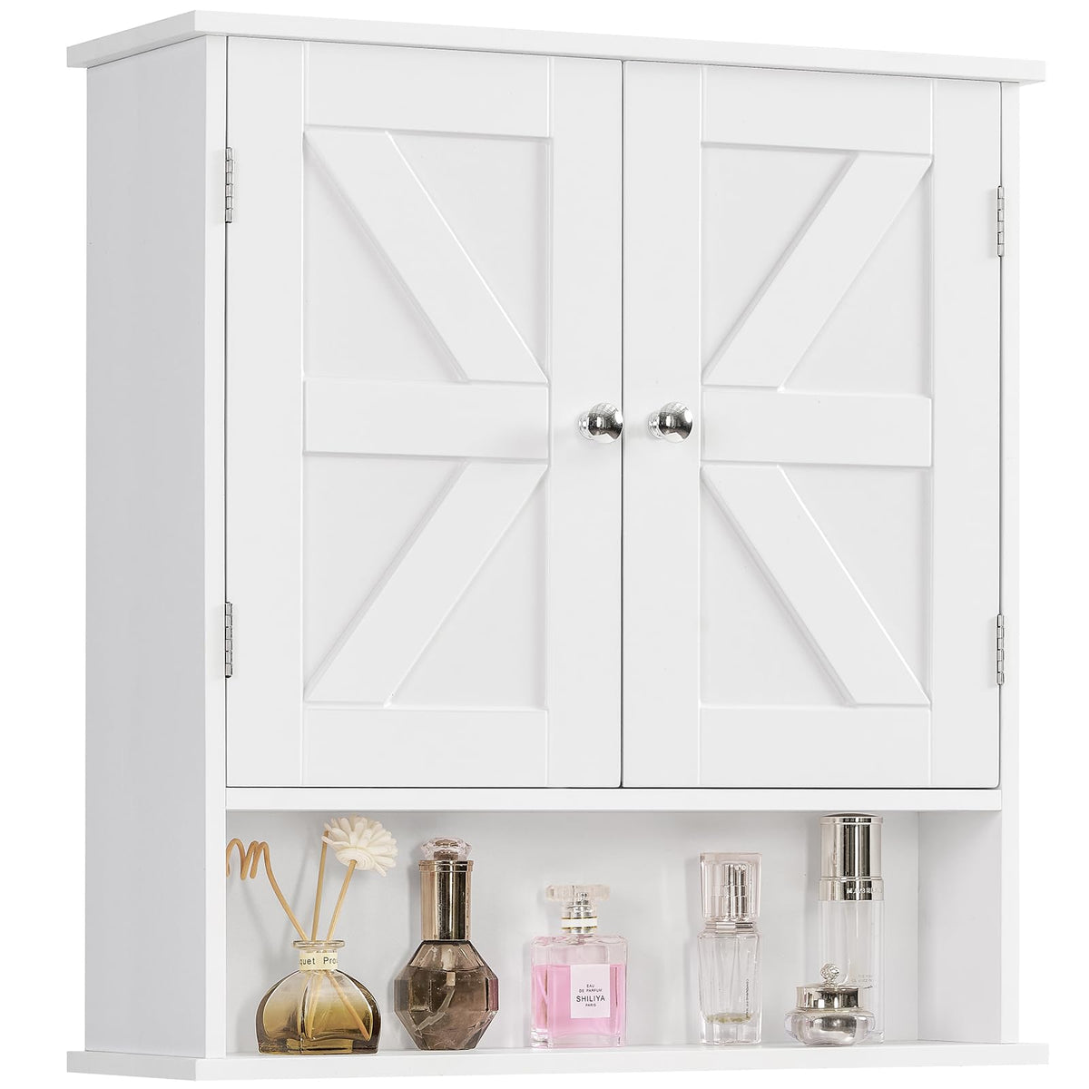 TEENFON bathroom wall cabinet with barn doors conceals bathroom essentials