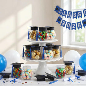 Teenyyou graduation cap jar close-up with blue tassel, adds trendy party decor.