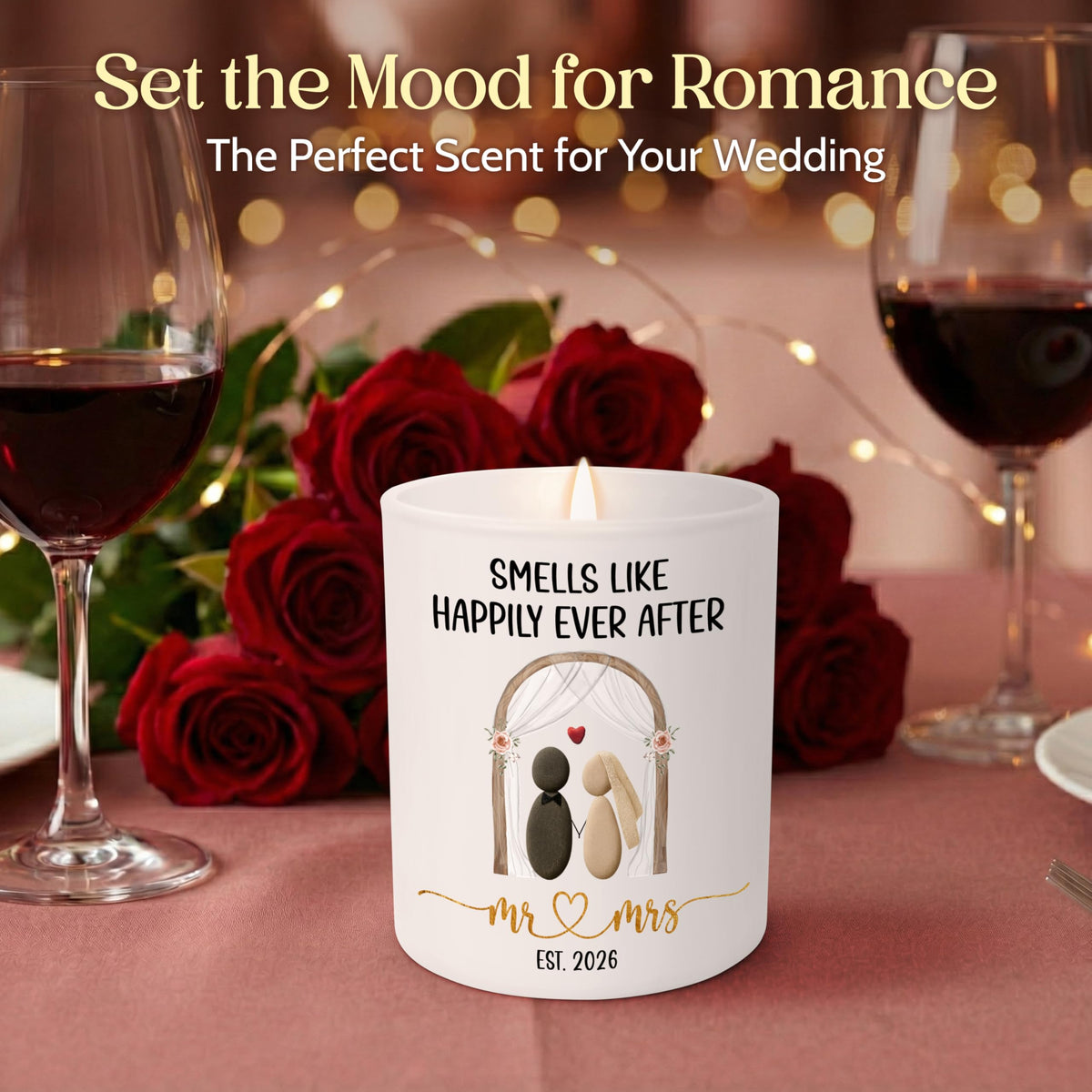 TEEZWONDER Bride and Groom pebble-art candle enhances modern wedding decor