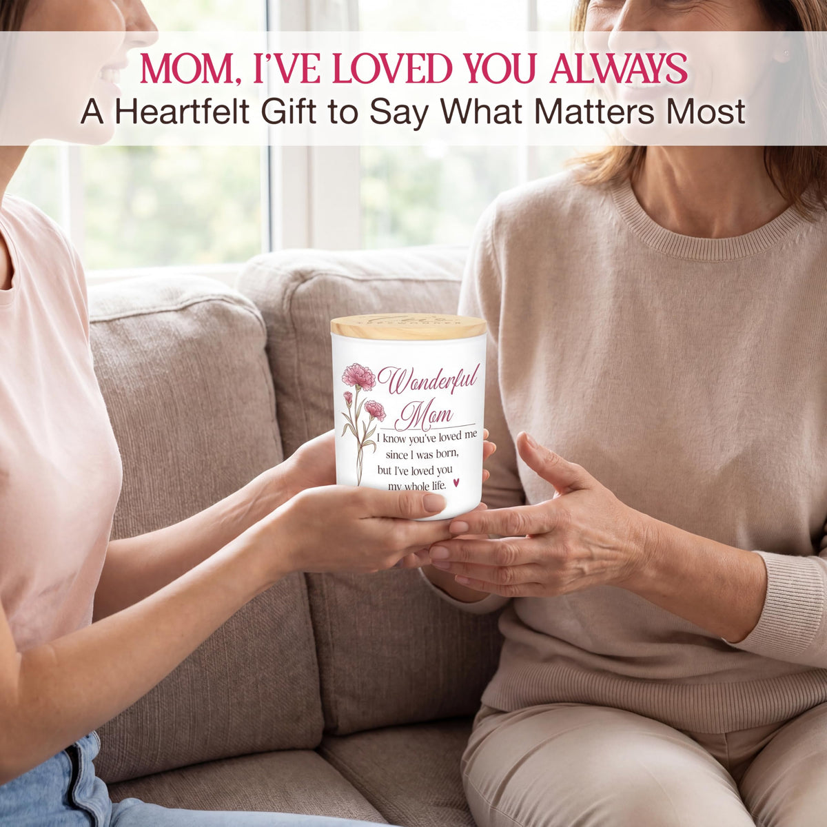 TEEZWONDER mom heart message candle highlighting lifelong bond