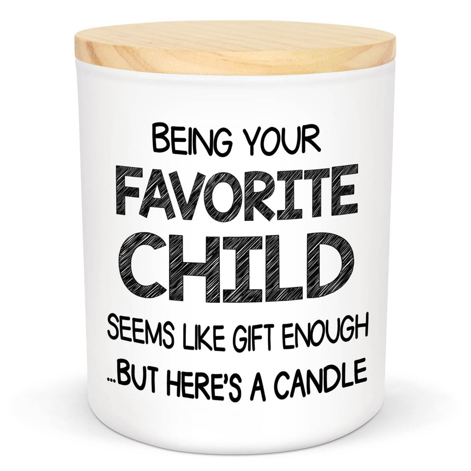 TEEZWONDER Favorite Child candle label close-up, a humorous gift for Mom.
