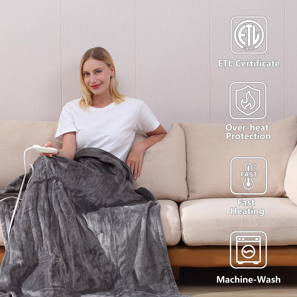 Tefici electric heated blanket throw soft flannel texture enhances cozy nights